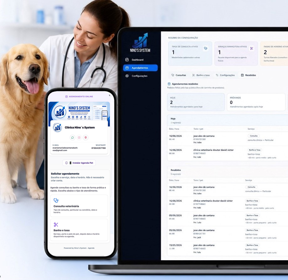 Veterinária com cachorro ao lado do painel Agenda PET e do agendamento no celular
