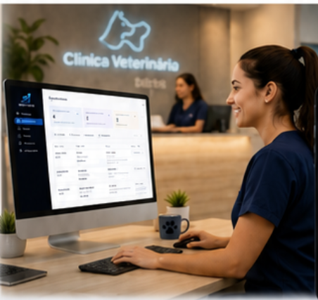 Recepcionista de clínica veterinária usando o painel do Agenda PET no computador